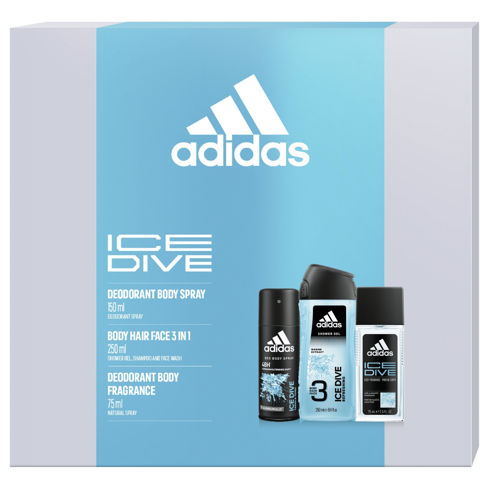 Adidas Ice Dive - deodorant s rozprašovačem 75 ml + sprchový gel 250 ml + deodorant ve spreji 150 ml